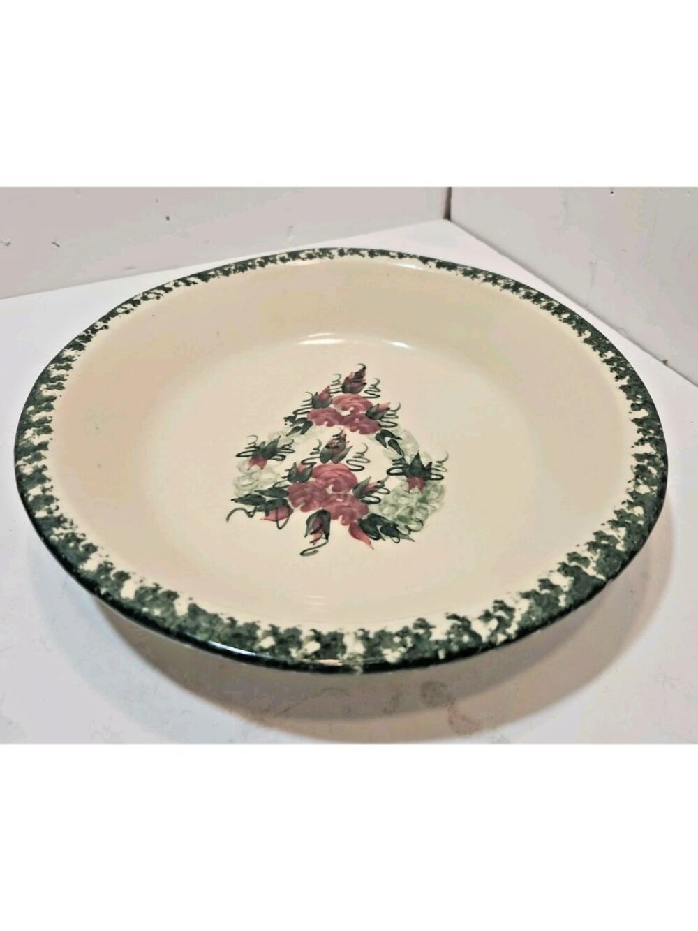 Vintage East Texas Potteries Pie Plate Sponged Border Floral Heart Pink Green